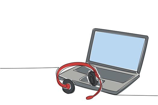 Single one line drawing headphones with mic on top of an open laptop. Break time on a very busy day. Current technology. International Customer Support Day. Continuous line design illustration vector