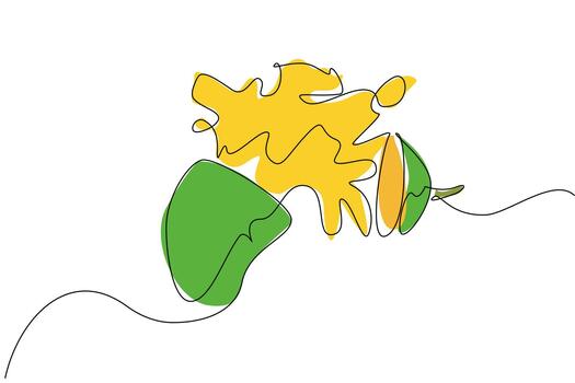 Single one line drawing mango cut into 2 parts and the bottom part that is cut releases splash juice. Creative visual display. Summer drinks. Juice Splash. Continuous line design graphic illustration vector