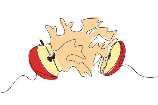 Single continuous line drawing apple cut in half and splash juice comes out of the bottom. Drink apple juice. Increase bone strength. Healthy drinks. Juice Splash. One line design illustration vector