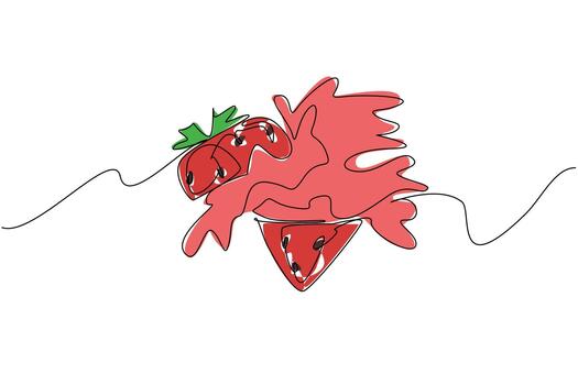 Single one line drawing strawberries are cut into 2 parts and the bottom part releases a splash of juice. Freshness in summer. Beverage. Juice Splash. Continuous line design graphic illustration vector