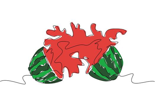 Single one line drawing watermelon cut into 2 parts and splash juice comes out from the bottom. Freshness of fruit with lots of water. Sweet. Juice Splash. Continuous line design graphic illustration vector
