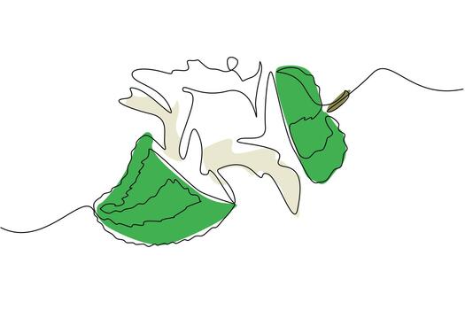 Single continuous line drawing soursop is cut into 2 parts and the bottom part releases splash juice. Sweet fruit with antioxidant content. Fresh. Juice Splash. One line design illustration vector