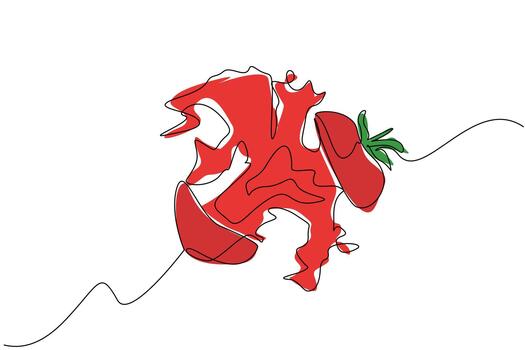 Continuous one line drawing tomatoes cut into 2 parts and splash juice comes out from the bottom. Fruit with bright red color. Freshness. Juice Splash. Single line draw design illustration vector