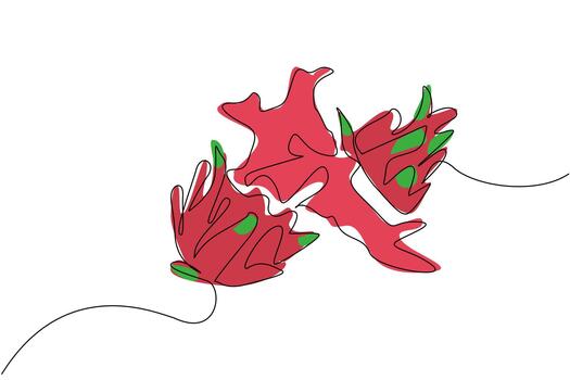 Continuous one line drawing dragon fruit cut into 2 parts and the bottom part that is cut releases splash juice. Enjoying sweet dragon fruit. Juice Splash. Single line draw design illustration vector