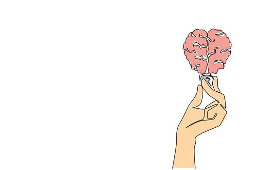 Continuous one line drawing hands holding a bulb that forms a brain. Symbolizing ideas and creativity. Provides many solutions. Innovation. Holding Bulb. Single line draw design illustration vector