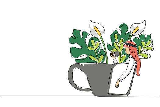 Single one line drawing man wearing turban holding a cup while soaking and leaning on the cup. Take a moment to pamper itself. Leisure. Soaking Inside Cup. Continuous line design graphic illustration vector