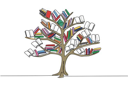 Single one line drawing a tree with branches filled with various books. The higher the level, the more knowledge is needed. Artificial plants. Book Tree. Continuous line design graphic illustration vector