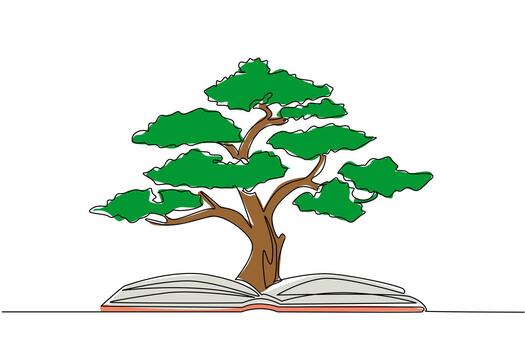 soltero continuo línea dibujo un abierto libro con un grande árbol en el medio. cuidando para plantas requiere conocimiento. leyendo hace el calma. el ciencia. libro árbol. uno línea diseño ilustración vector