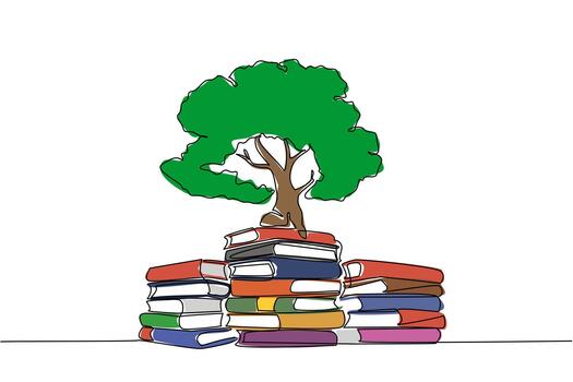 continuo uno línea dibujo varios pila de algo de libros y en uno de el pila de algo de libros allí es un grande árbol. simbolismo de cómodo leyendo jardín. libro árbol. soltero línea dibujar diseño ilustración vector