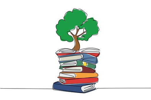 Single one line drawing a pile of books and on top of it there is a big tree. Reading the good plant care module. Greening for the earth. Shady. Book Tree. Continuous line design graphic illustration vector