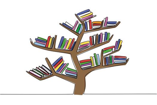 continuo uno línea dibujo árbol conformado estante para libros con varios pilas de libros en sus sucursales. educativo árbol. comodidad mientras lectura. elegante. libro árbol. soltero línea dibujar diseño ilustración vector