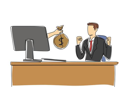 Single continuous line drawing hands out of the monitor screen while holding a money bag. An active businessman with big profits. Smart worker. Things from Screen. One line design illustration vector