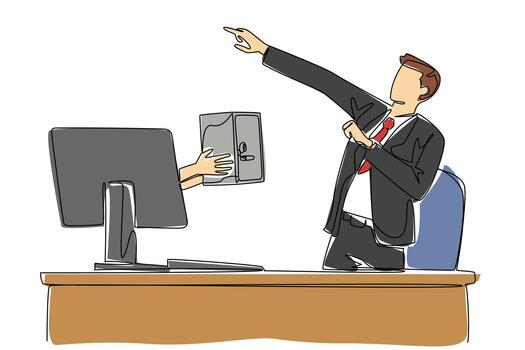 Single continuous line drawing hands out of the monitor screen while holding a safe deposit box. Get antique storage as a safe storage media. Things from Screen. One line design illustration vector