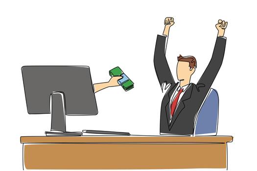 Single one line drawing hands out of the monitor screen while holding stack of banknotes. Lots of bonuses from smart work. Recognition. Things from Screen. Continuous line design graphic illustration vector