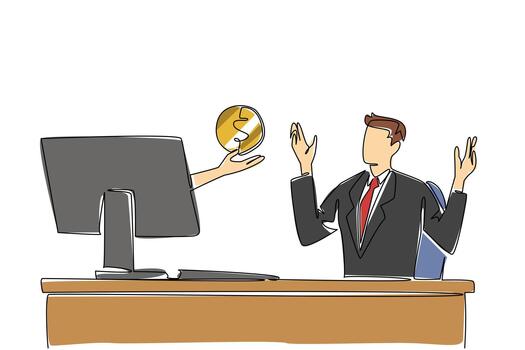 Continuous one line drawing hands out of the monitor screen while holding a penny. Small investment with small profit. Manage well. Things from Screen. Single line draw design illustration vector