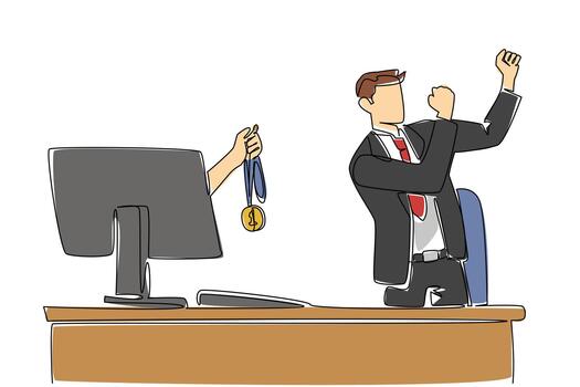 Single continuous line drawing hands out of monitor screen while holding a gold medal. Recognition from the government. Number one businessman. Things from Screen. One line design illustration vector