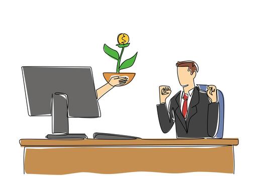 Single continuous line drawing hands out of monitor screen holding a money tree with dollar coin fruit. Learn to invest. Buy and sell shares. Things from Screen. One line design illustration vector