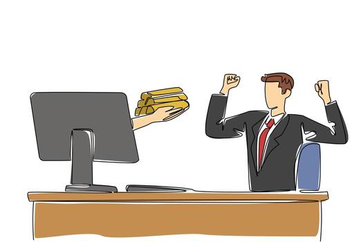Continuous one line drawing hands out of monitor screen while holding a gold stack. Investing in gold bullion. Profitable in the future. Things from Screen. Single line draw design illustration vector