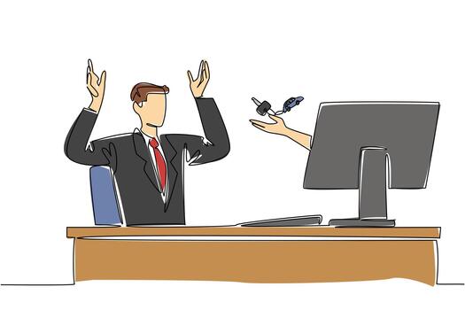 continuo uno línea dibujo manos fuera de monitor pantalla mientras participación coche llave con un coche conformado llavero. simbolismo de en línea compras. cosas desde pantalla. soltero línea dibujar diseño ilustración vector