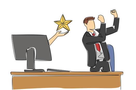 Single continuous line drawing hands out of monitor screen while holding a star shape. Get the best rating for performance. Award. Recognition. Things from Screen. One line design illustration vector