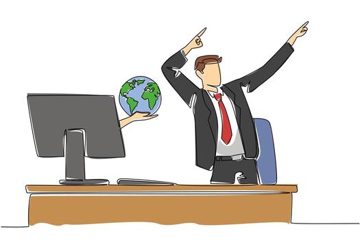 soltero uno línea dibujo manos fuera de monitor pantalla mientras participación un globo. genial nuevo conexión para negocio. rentable relación. cosas desde pantalla. continuo línea diseño gráfico ilustración vector