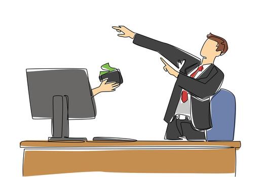 Continuous one line drawing hands out of monitor screen while holding a wallet with some money coming out. Significant salary increase. Things from Screen. Single line draw design illustration vector