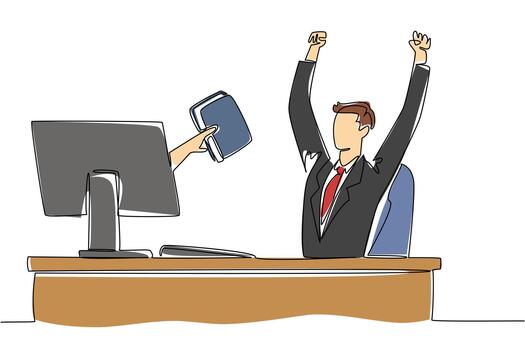 Single continuous line drawing hands out of the monitor screen while holding a thick book. Instant learning in the digital age. Smart working. Things from Screen. One line design illustration vector