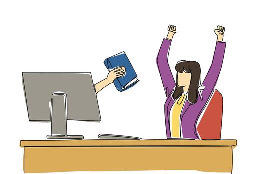 Single one line drawing hands out of monitor screen while holding thick book. Very excited about the book orders coming in. Guidebook. Things from Screen. Continuous line design graphic illustration vector