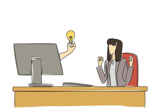 Single continuous line drawing hands out of the monitor screen while holding a bulb lamp. The joy of a brilliant idea. Solutions for business. Things from Screen. One line design illustration vector