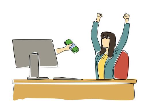 Continuous one line drawing hands out of the monitor screen while holding a stack of banknotes. Happy. Enthusiastic. Monthly bonus. Things from Screen. Single line draw design illustration vector
