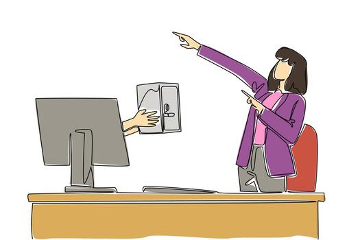 soltero uno línea dibujo manos fuera de el monitor pantalla mientras participación un seguro depositar caja. el mas seguro sitio a Tienda todas el éxitos cosas desde pantalla. continuo línea diseño gráfico ilustración vector