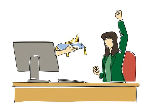 Continuous one line drawing hands out of the monitor screen while holding a crown. Businesswoman with special and luxurious values. Things from Screen. Single line draw design illustration vector