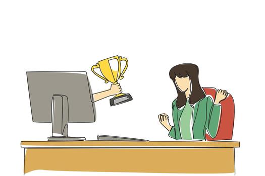 Single continuous line drawing hands out of the monitor screen while holding a trophy. Awards are a form of recognition for good efforts. Happy. Things from Screen. One line design illustration vector