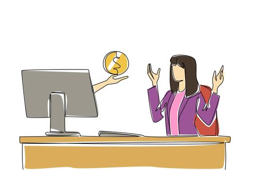 Continuous one line drawing hands out of monitor screen while holds penny. Ease of doing business while making profitable investments. Things from Screen. Single line draw design illustration vector