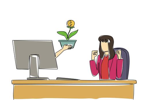 Continuous one line drawing hands out of monitor screen while holds money tree with dollar coin fruit. Symbolism of growing investment. Things from Screen. Single line draw design illustration vector