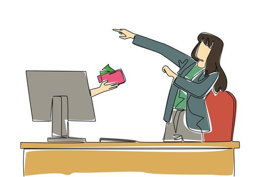 Continuous one line drawing hands out of the monitor screen while holding a wallet with some money coming out. Cash down payment. Offer. Things from Screen. Single line draw design illustration vector