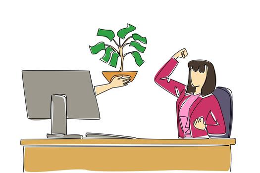 Single one line drawing hands out of the monitor screen while holding a money tree with leaves made of banknotes. Successful investment. Things from Screen. Continuous line design graphic illustration vector