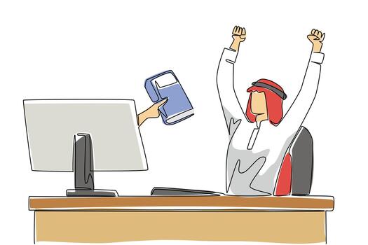 Single continuous line drawing hands out of the monitor screen while holding a thick book. Literacy. A great guide to dealing with the crisis. Things from Screen. One line design illustration vector