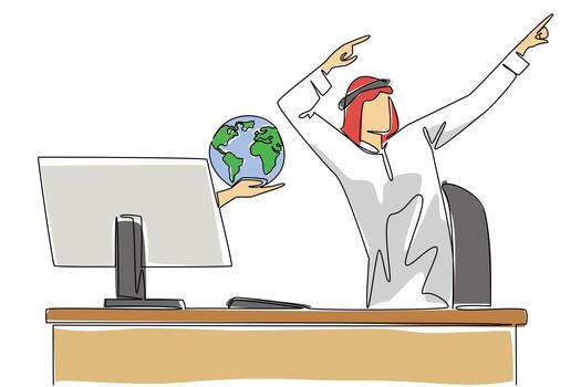 Continuous one line drawing hands out of the monitor screen while holding a globe. Connect with big clients. Business progress. Network. Things from Screen. Single line draw design illustration vector