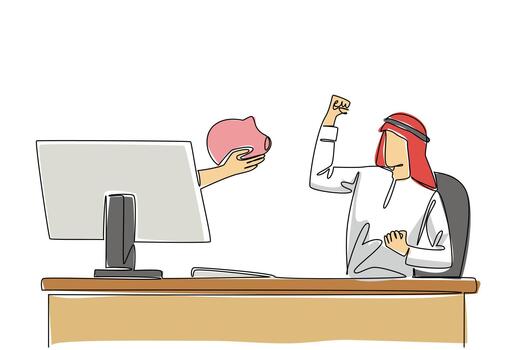 Single continuous line drawing hands out of the monitor screen while holding piggy bank. Prepare a budget to increase investment value. Savings. Things from Screen. One line design illustration vector