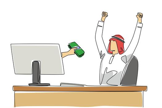 Continuous one line drawing hands coming out of monitor screen holding a stack of banknotes. Receive bonus for outstanding performance. Things from Screen. Single line draw design illustration vector