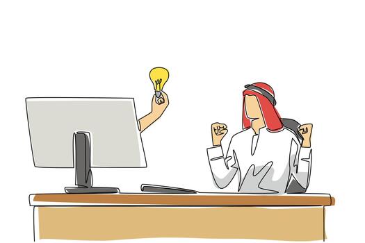 Single one line drawing hands out of monitor screen while holds bulb lamp. Get solutions when busy. Enlightenment. The future is better. Things from Screen. Continuous line design graphic illustration vector