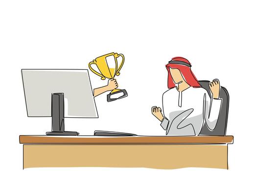 Single continuous line drawing hands out of the monitor screen while holding trophy. Inauguration as the most successful businessman in Arabia. Things from Screen. One line design illustration vector