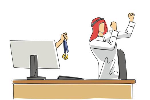 Single one line drawing hands out of the monitor screen while holding a medal. Ambition. Creativity. Smart worker. Become number one. Things from Screen. Continuous line design graphic illustration vector