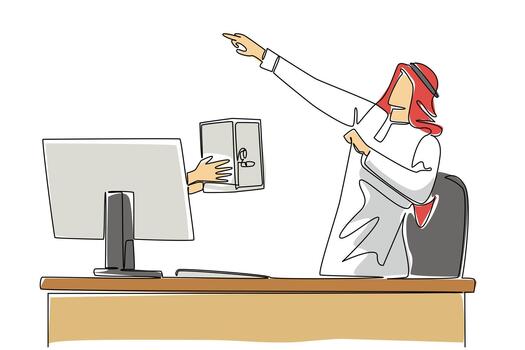 soltero continuo línea dibujo manos fuera de el monitor pantalla mientras participación un seguro depositar caja. felicidad a seguro datos. seguro. anti robo. cosas desde pantalla. uno línea diseño ilustración vector