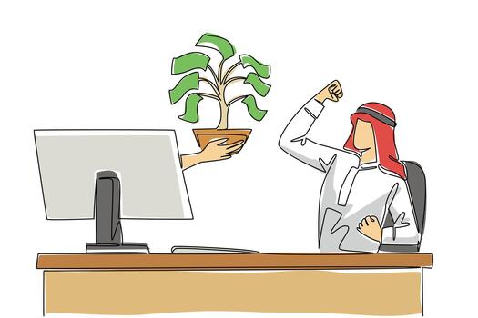Single one line drawing hands out of the monitor screen while holding money tree with leaves made of banknotes. Symbolism of investment. Things from Screen. Continuous line design graphic illustration vector