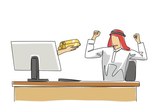 Continuous one line drawing hands out of monitor screen while holding a gold stack. Gold mining entrepreneurs who always make a profit. Things from Screen. Single line draw design illustration vector