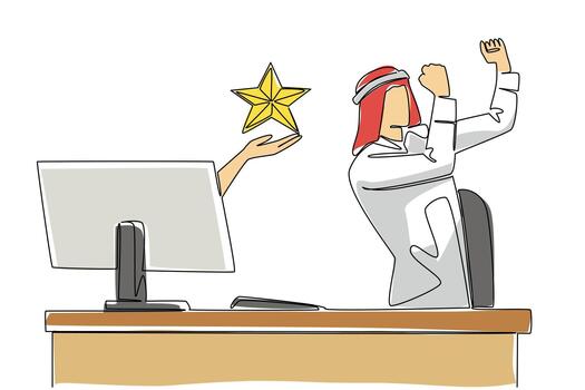 Single one line drawing hands out of the monitor screen while holding a star shape. Real joy at such a good support. Best rating. Rank. Things from Screen. Continuous line design graphic illustration vector