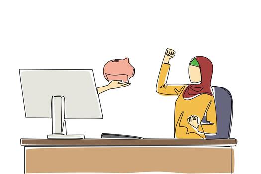 Single continuous line drawing hands out of the monitor screen while holding a piggy bank. Get additional capital for business expansion. Happy. Things from Screen. One line design illustration vector