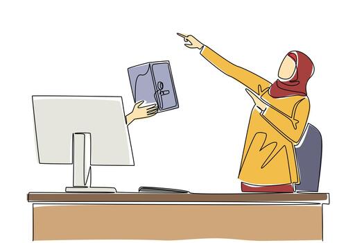 Continuous one line drawing hands out of the monitor screen while holding a safe deposit box. Only success is worthy of receiving. Lock. Things from Screen. Single line draw design illustration vector